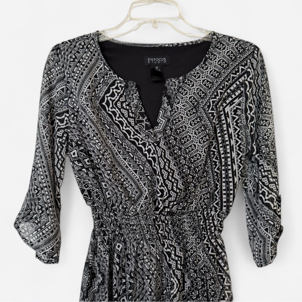 Enfocus Studio Black & White Geometric Print Dress - Size 6 - Smocked Waist - Picture 4 of 7